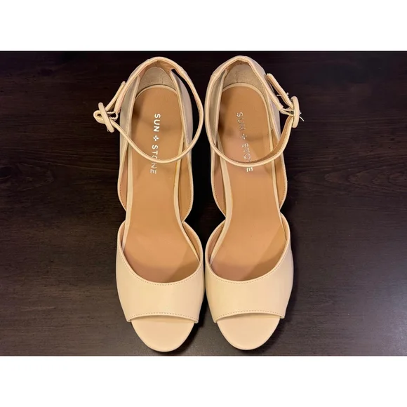 Sun & Stone Retro Peep Toe Pumps Stacked Heels Sandals 10 M White Bone Ivory - Picture 11 of 16